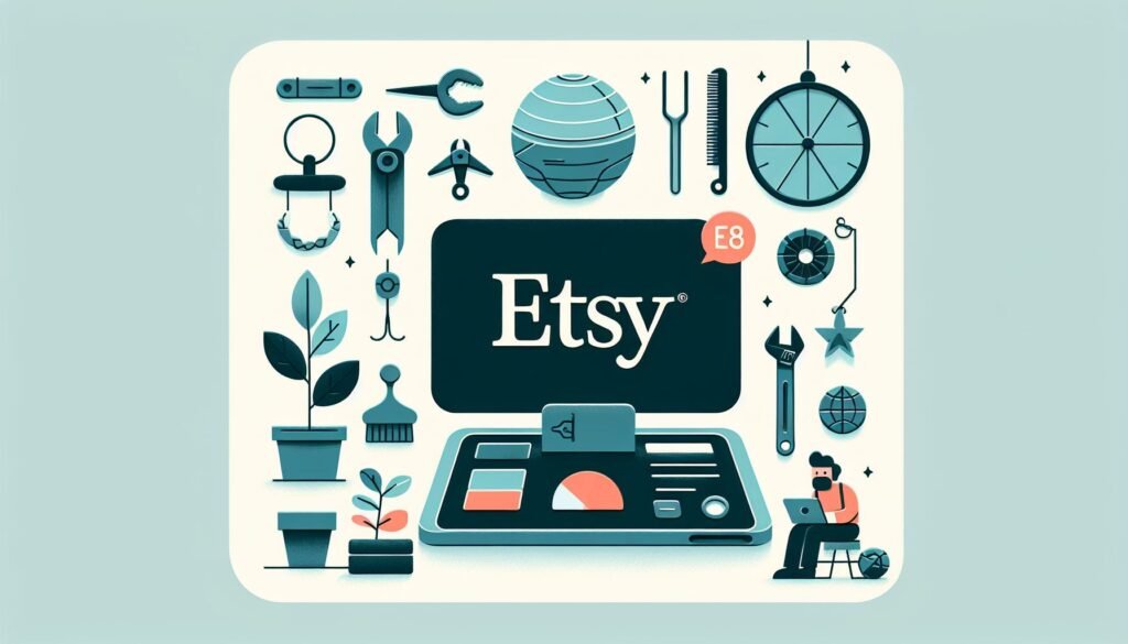 Illustration of the Etsy platform showcasing a variety of services offered by small businesses, symbolized by icons of consultation, design, and personalization.