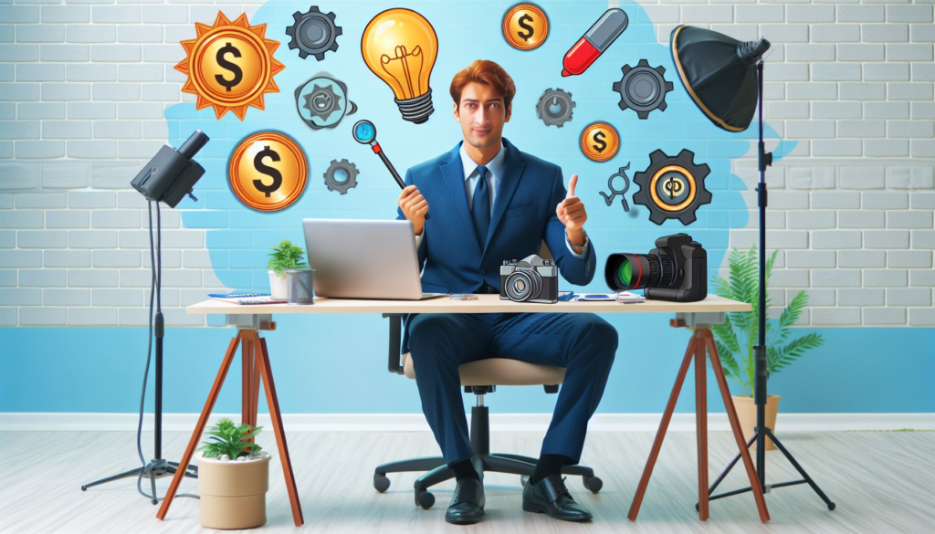 A person in a suit sitting at a desk with a laptop, surrounded by icons representing money, ideas, and photography equipment against a blue brick wall background.