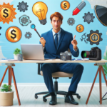 A person in a suit sitting at a desk with a laptop, surrounded by icons representing money, ideas, and photography equipment against a blue brick wall background.