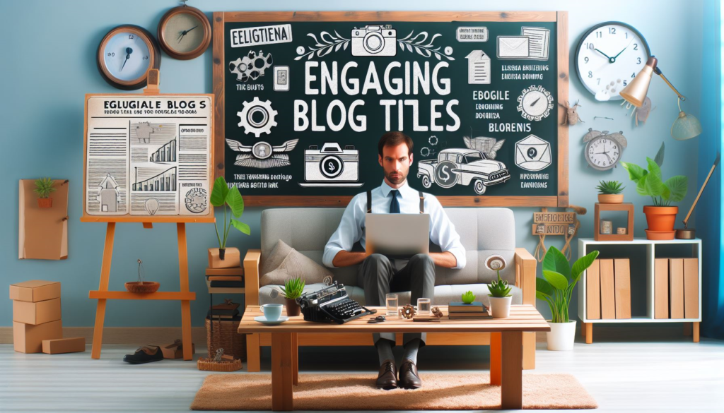 Man sitting at a desk in front of a blackboard with the phrase "Engaging Blog Titles" written on it.