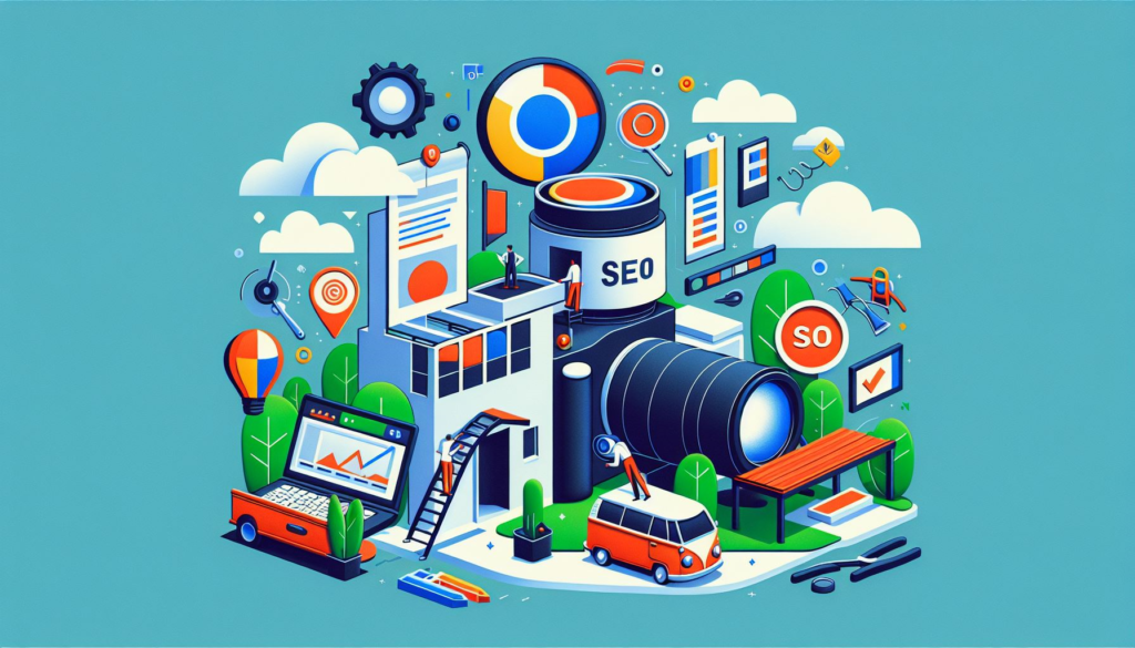 A colorful illustration showcasing various elements related to SEO, including a large SEO labeled structure, graphs on a computer screen, search icons, and other symbolic imagery on a bright blue background.