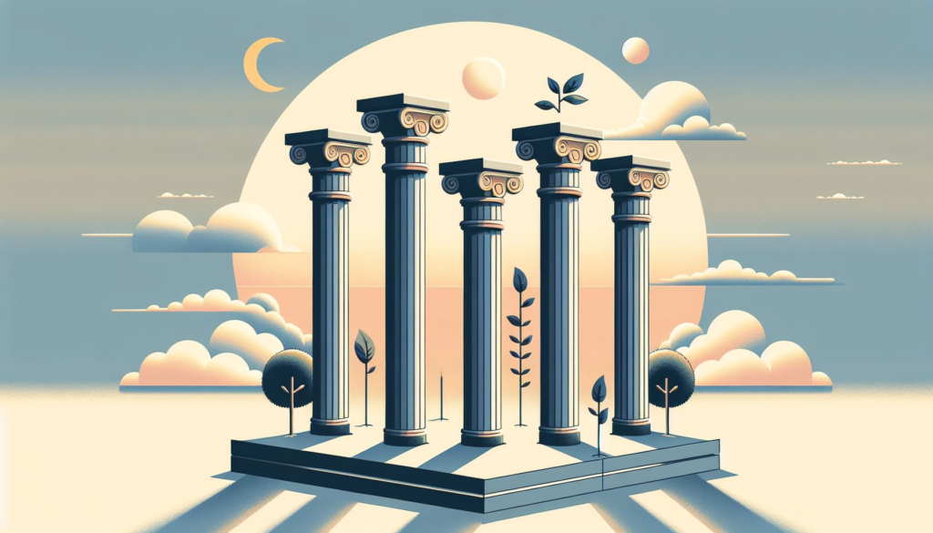 Ancient Greek-style columns with stylized plants under a radiant sun.