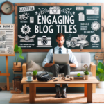 Man sitting at a desk in front of a blackboard with the phrase "Engaging Blog Titles" written on it.